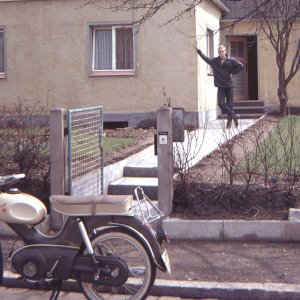 Karl outside the house, with the Kreidler Floret in the foreground.