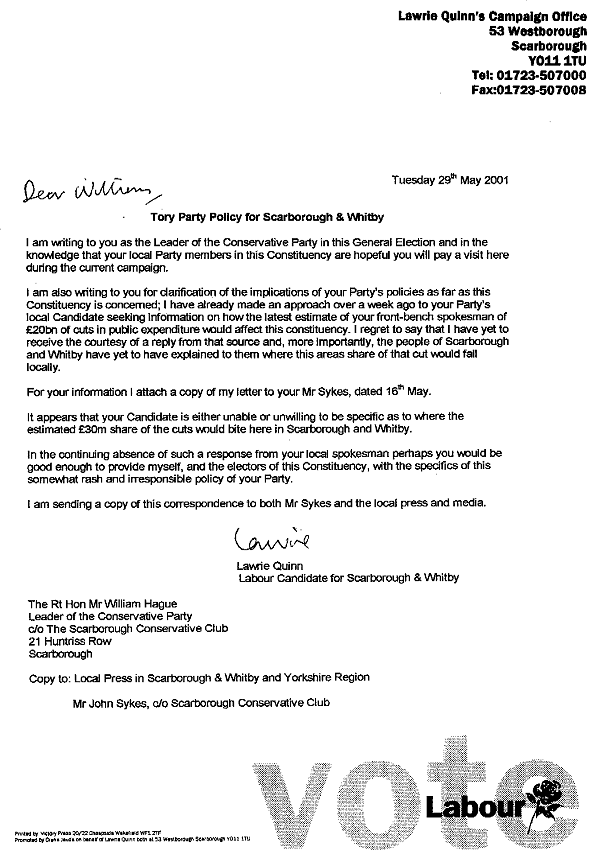 Image of Lawrie Quinn's letter to William Hague (from fax)