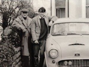 The author with his father on a visit to Nottingham late 1960s. The car is the Austin Cambridge.