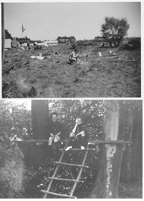 Scout camp, chopping wood with a hand axe; happy scouts up a ladder.